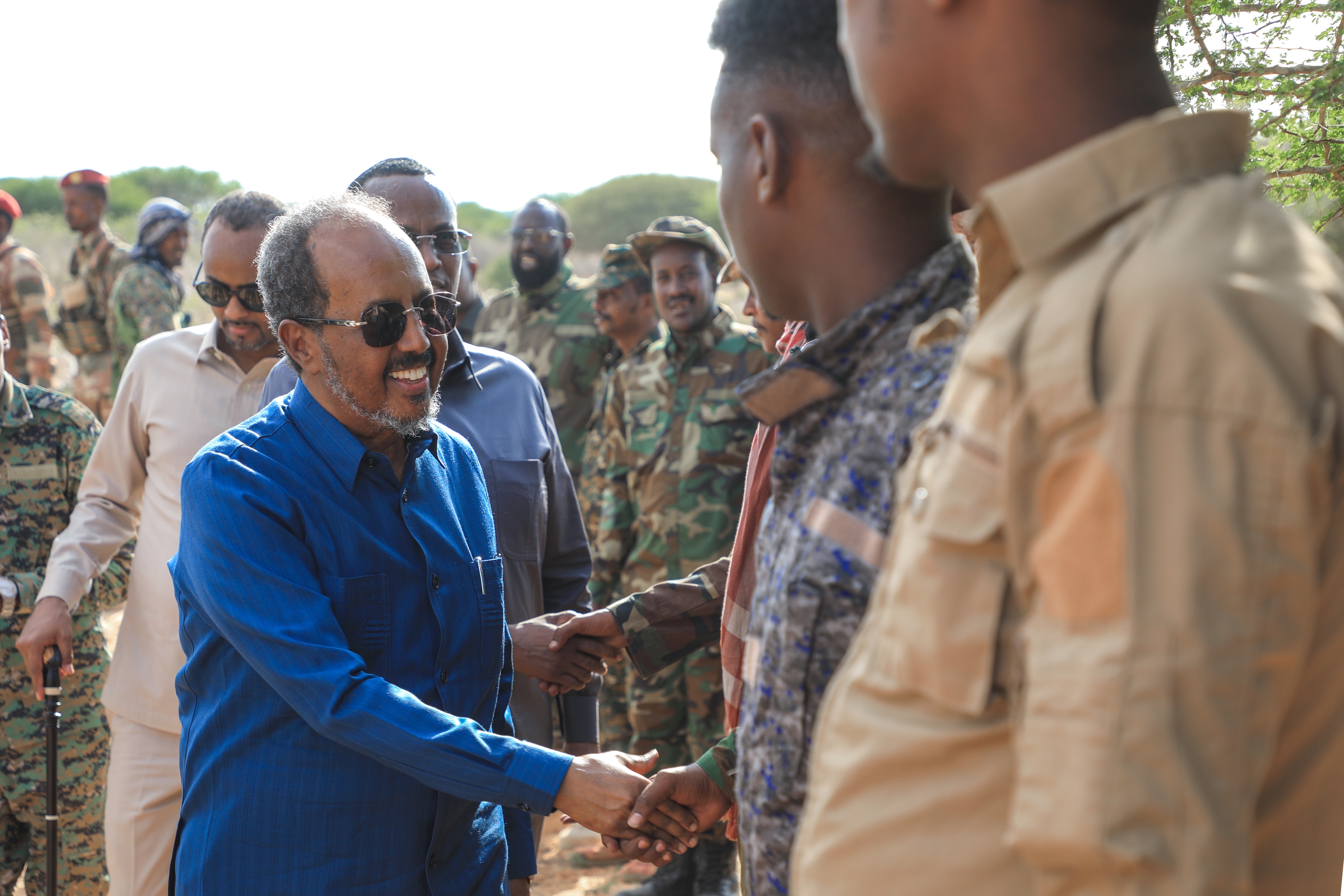 Somali President Hassan Sheikh Mohamud visits Somali National Armed Forces in Masjid Cali Guduud village in the Shabeellaha Dhexe province